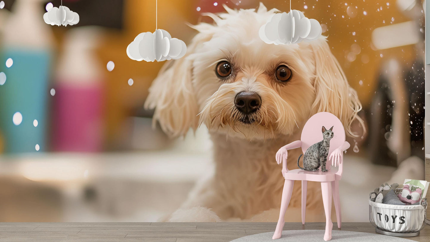 Cute Dog Wall Mural for Pet Lovers – White Puppy Bath Scene Wallpaper – Large Pet Decor for Living Room or Grooming Studio Vn665