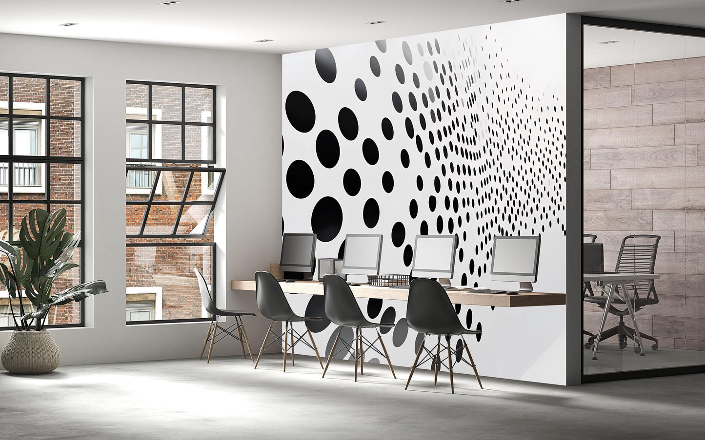 Black Dot Gradient Wall Mural – Modern Optical Illusion Wallpaper, Geometric Accent Wall for Office or Home Vn852