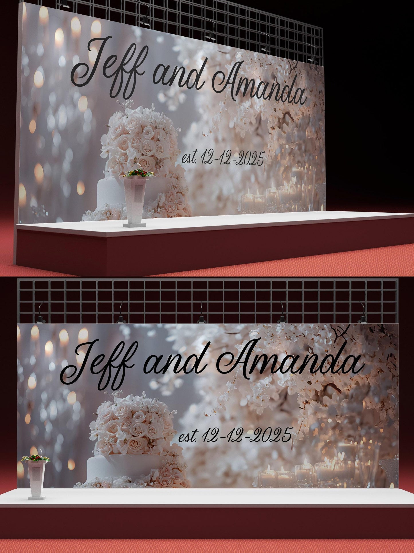 Elegant Wedding Backdrop Banner with Names & Date – Personalized Floral Cake Design, Custom Photo Booth Sign Vn516