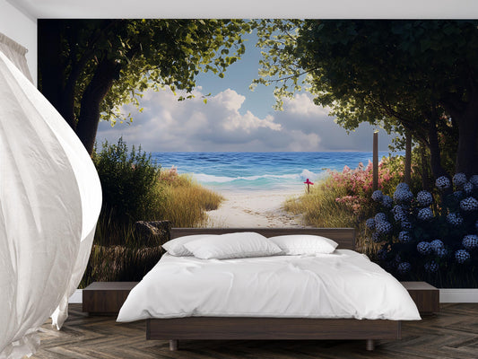 Beach Wall Mural for Bedroom – Ocean View Removable Wallpaper, Coastal Nature Landscape, Serene Sea Backdrop for Home Decor Vn289