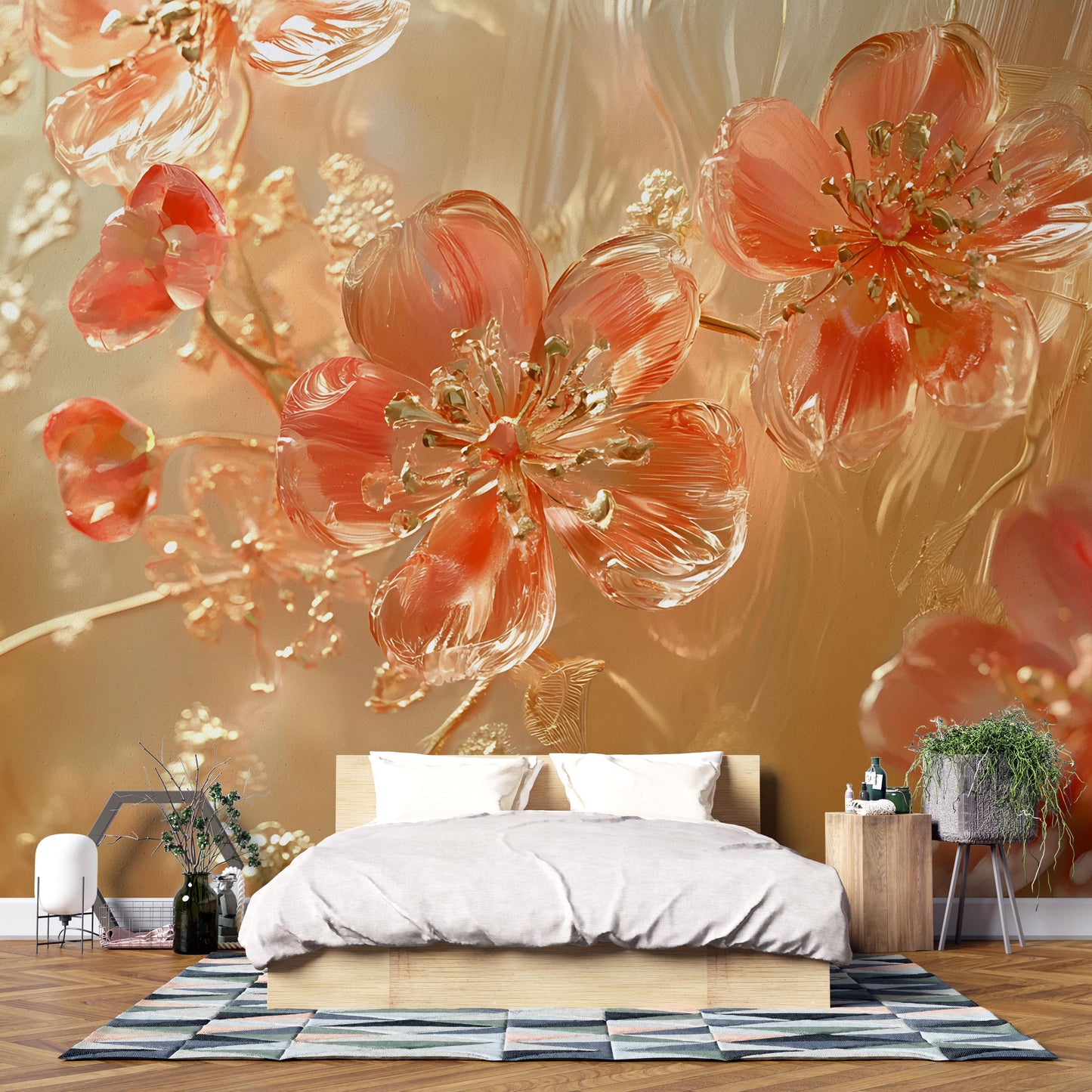3D Red Floral Wall Mural – Large Glass Effect Flower Wallpaper for Bedroom Accent Wall Décor Vn598