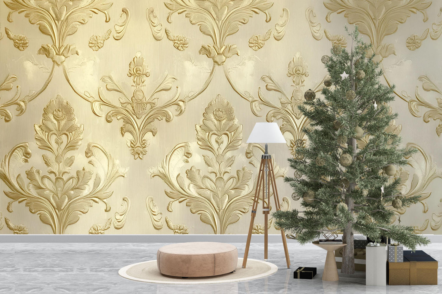 Luxury Gold Baroque Wallpaper – Elegant 3D Textured Damask Wall Mural for Living Room, Bedroom, or Office Vn631