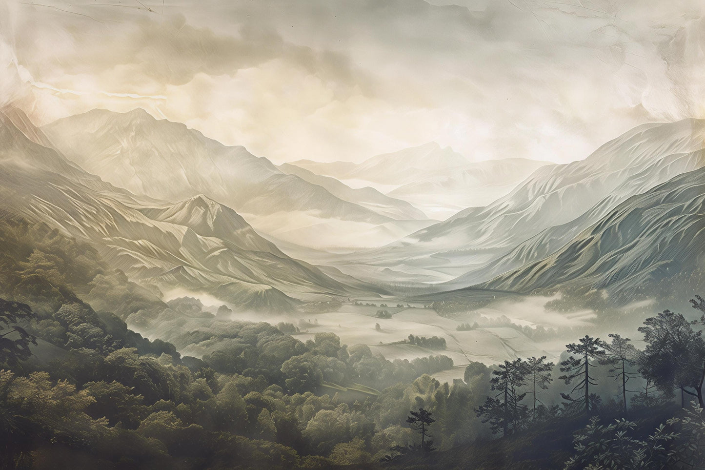 Misty Mountain Wall Mural – Scenic Forest Valley Wallpaper for Bedroom Vn1007