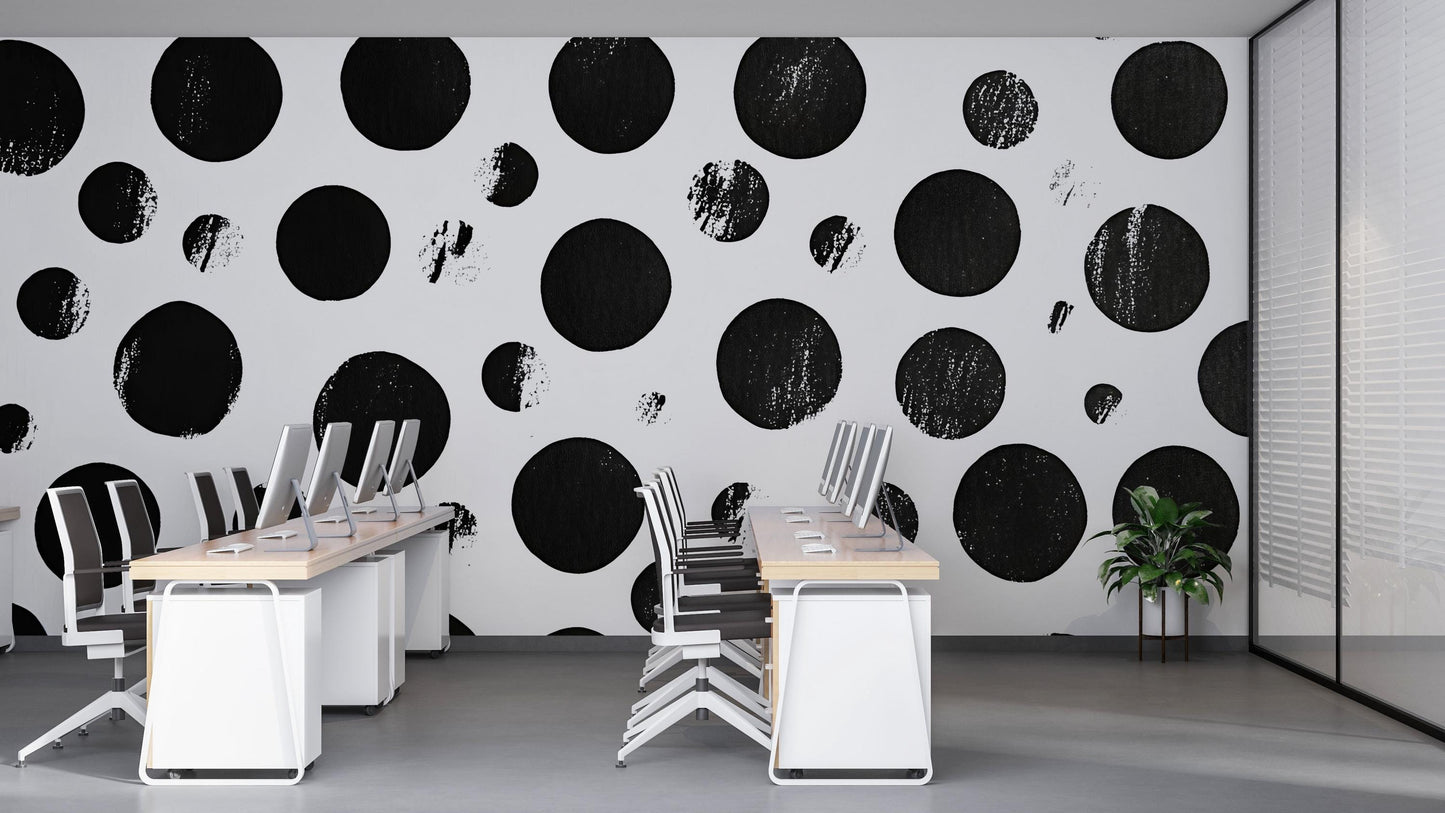 Black Dot Wall Mural – Modern Distressed Polka Dot Wallpaper, Bold Geometric Accent Wall for Office or Living Room Vn851
