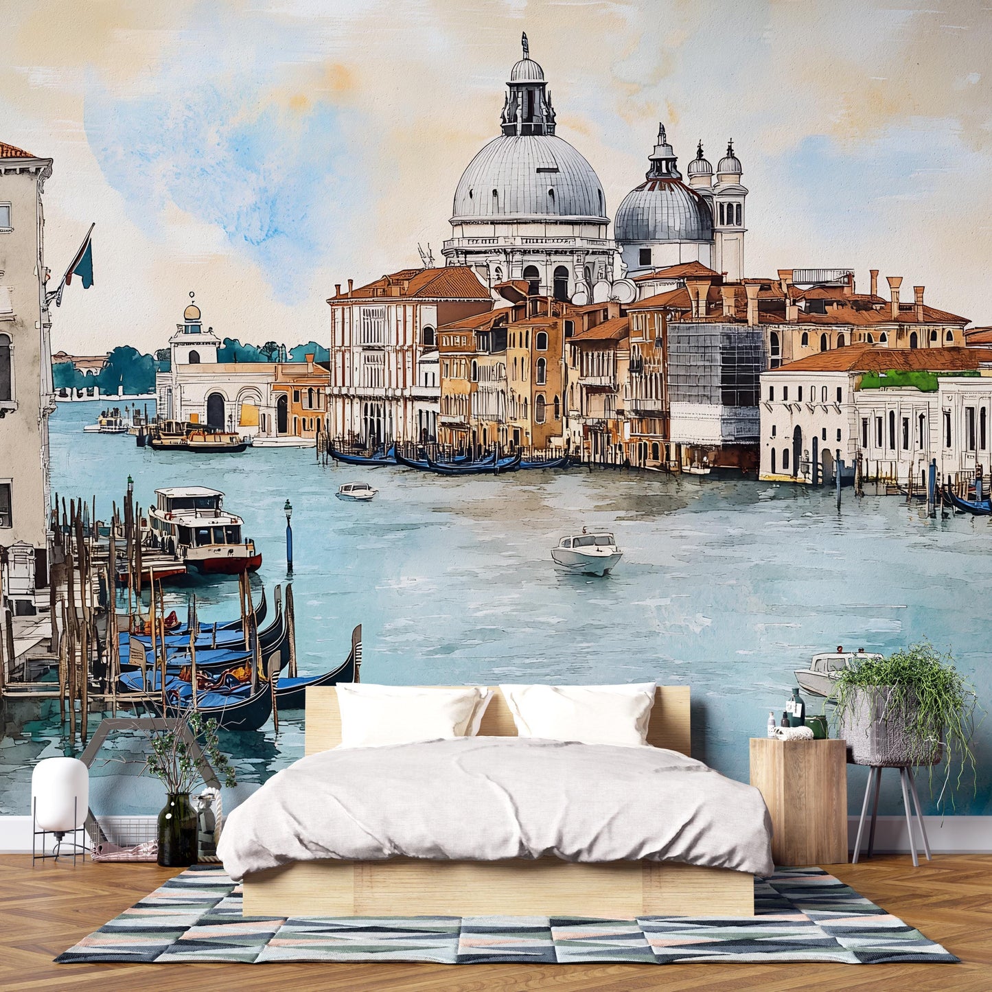 Venice Grand Canal Basilica Wall Mural – Italy Watercolor Gondola Wallpaper for Bedroom & Living Room Vn920