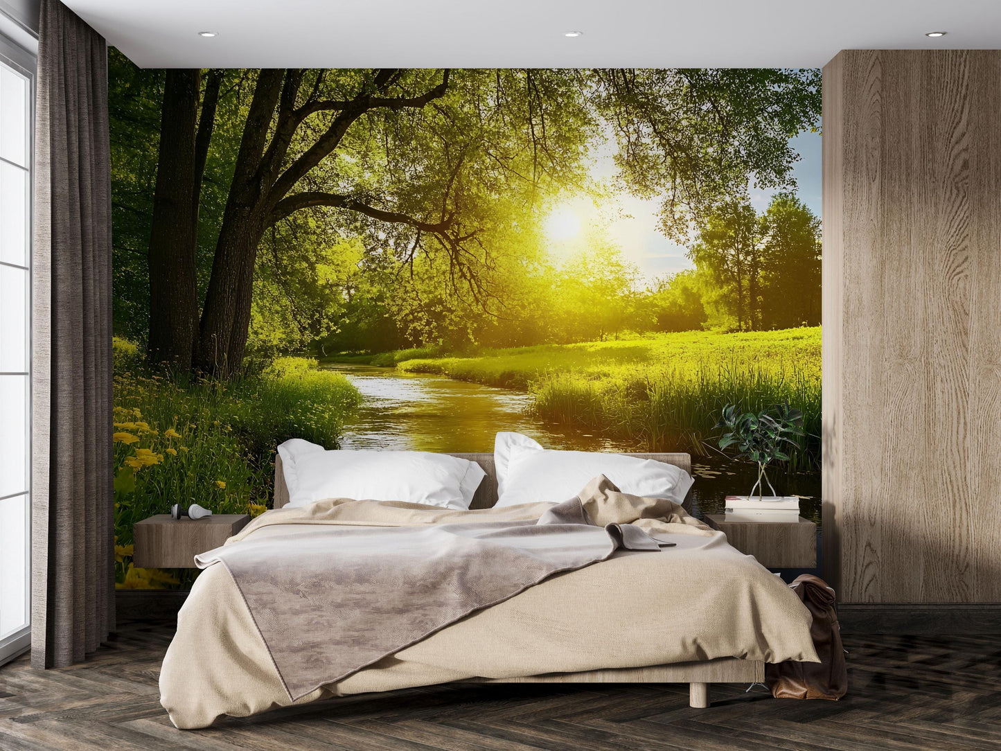 Peaceful Forest River Wall Mural for Bedroom | Tranquil Nature Sunset Wallpaper | Serene Tree Landscape Mural Decor Vn689
