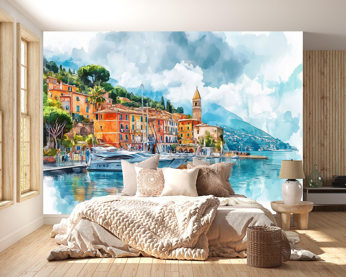 Italian Riviera Wall Mural – Watercolor Mediterranean Coast Wallpaper Vn926