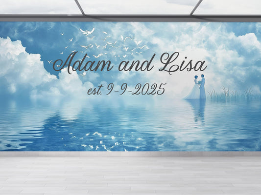Custom Romantic Wall Mural - Personalized Couple Names & Date - Wedding Anniversary Gift - Est. Date Wall Art - Water Couple Scene Vn514
