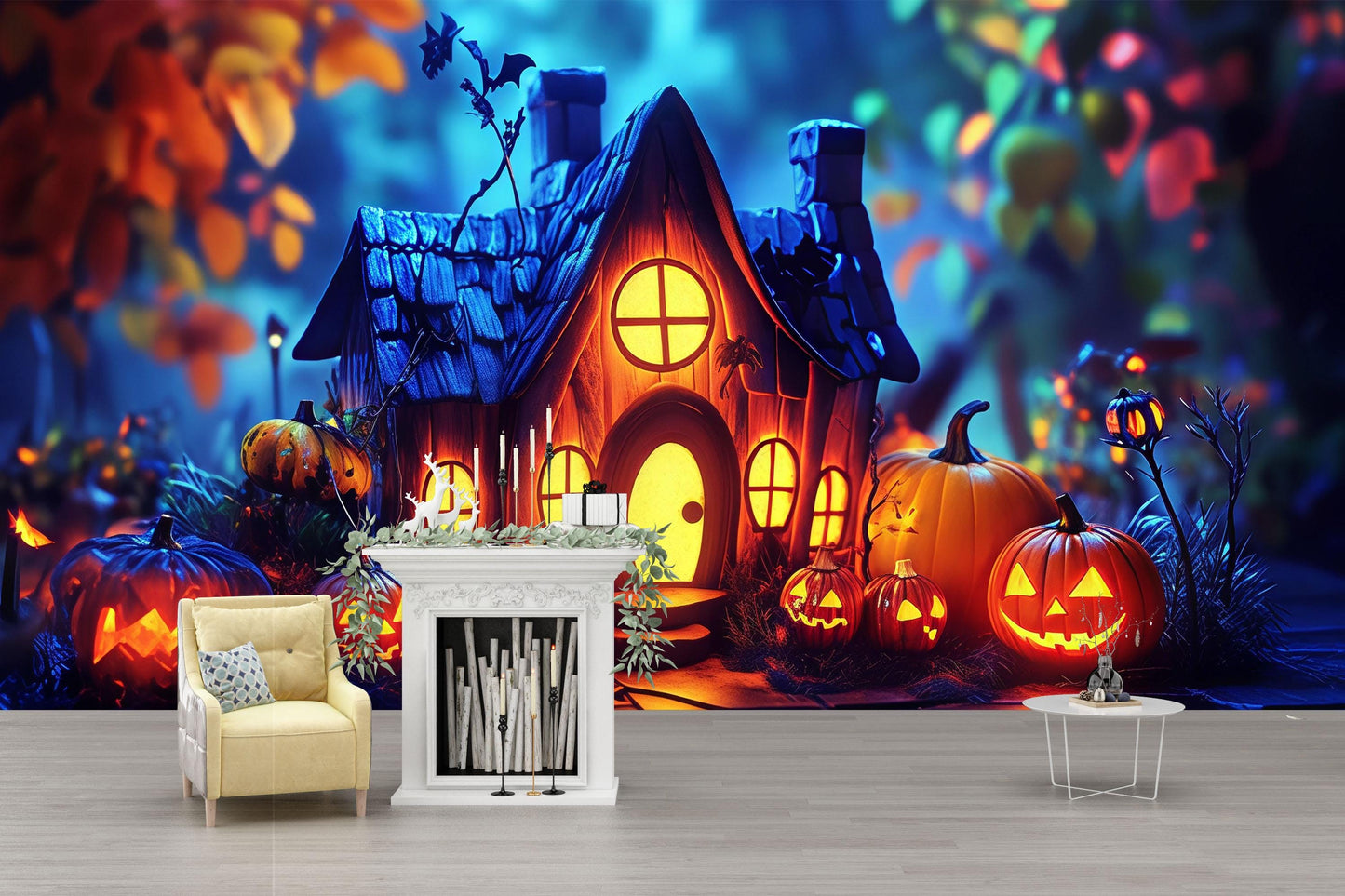 Witch & Pumpkin House Halloween Wall Mural – Cozy Spooky Home Décor Vn797