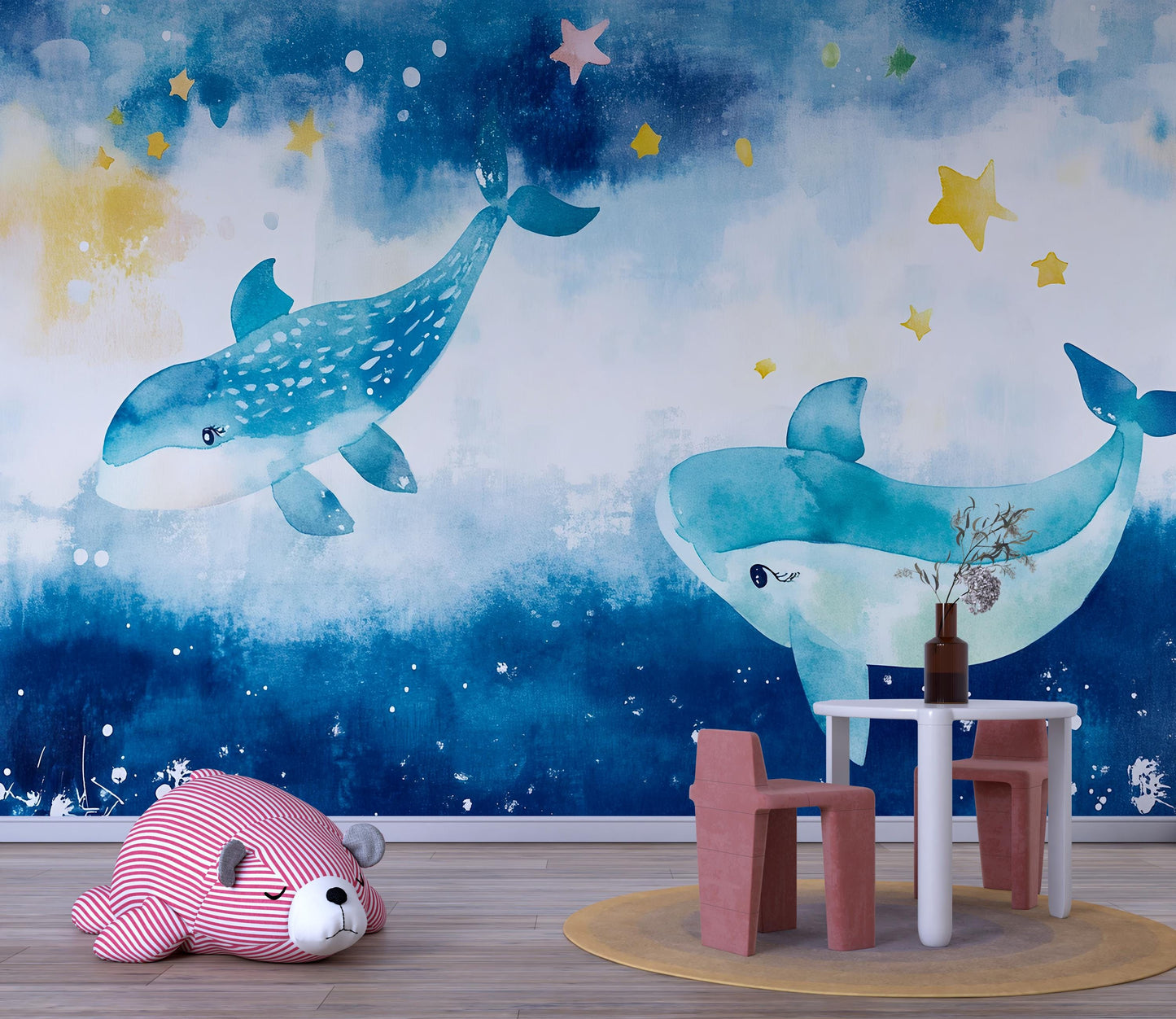 Ocean Whale Nursery Wall Mural – Underwater Sea Theme Baby Room Wallpaper – Cute Blue Whale Wall Art for Kids or Newborn Nursery Vn553