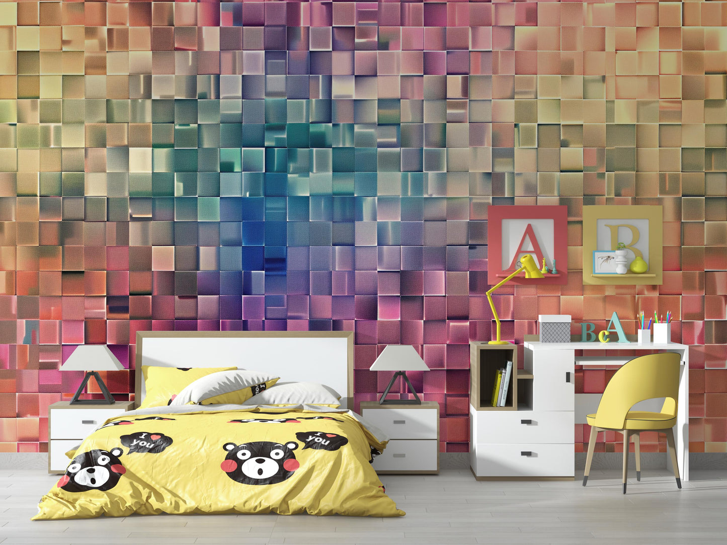 3D Pixel Wall Mural – Colorful Geometric Block Wallpaper for Kids Bedroom, Playroom & Creative Spaces Vn1085