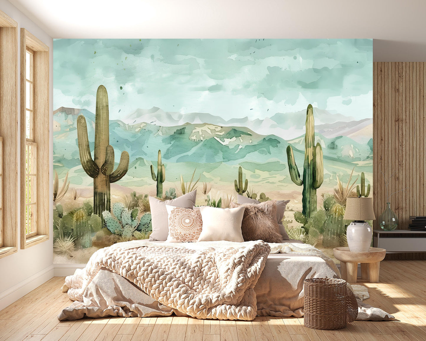 Watercolor Desert Cactus Wall Mural – Southwest Landscape Wallpaper with Mountains Vn1010
