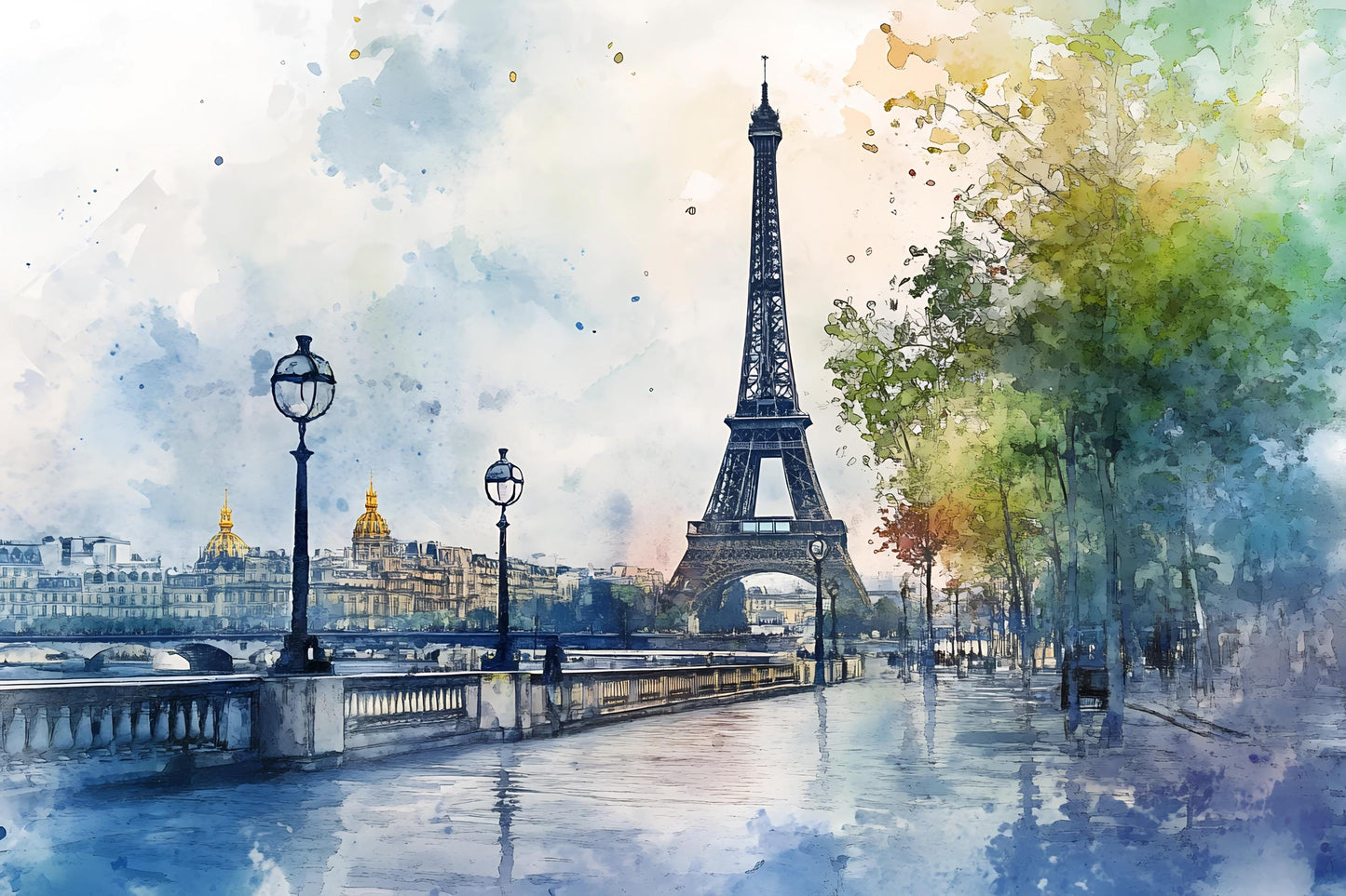 Eiffel Tower Wall Mural – Paris Watercolor Cityscape Wallpaper Vn928