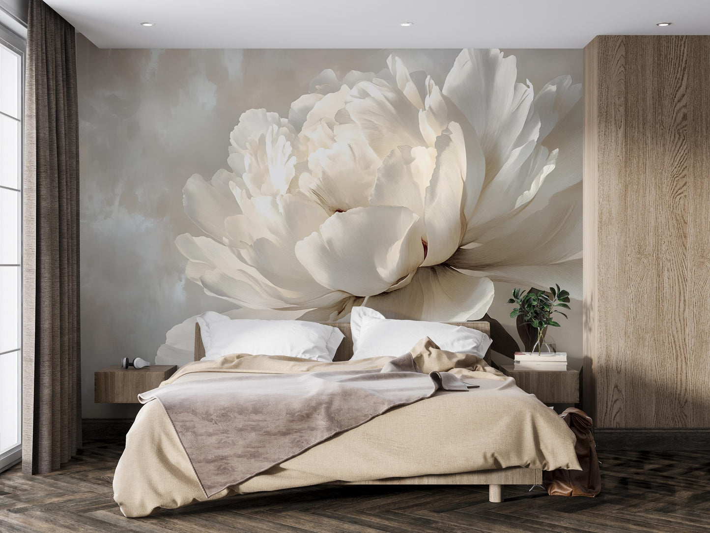 Large White Peony Wall Mural – Elegant Neutral Floral Wallpaper for Bedroom Accent Vn1051