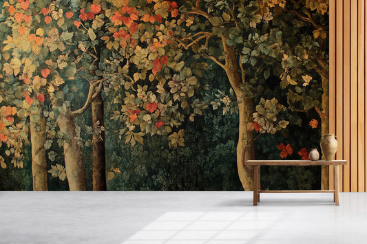 Forest Tree Wall Mural – Vintage Botanical Wallpaper, Autumn Leaves Tapestry Accent Wall for Living Room or Bedroom Vn846