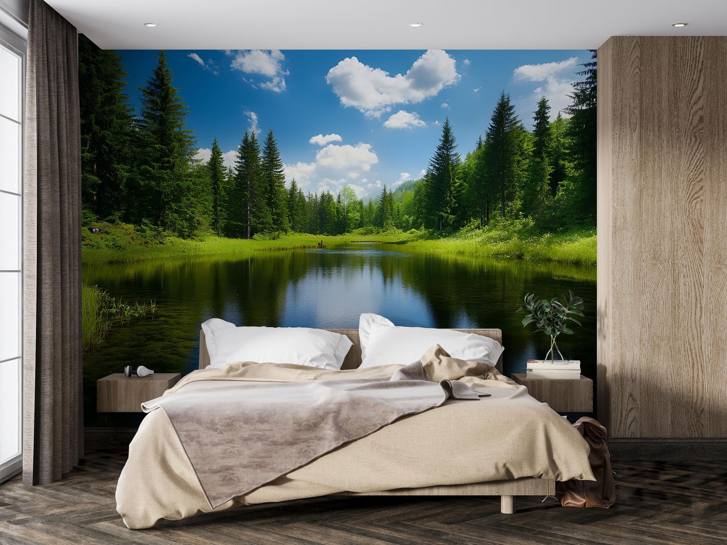 Tranquil Forest Lake Wall Mural – Nature Bedroom Wallpaper, Scenic Lake View Mural for Tranquil Interior Decor Vn685