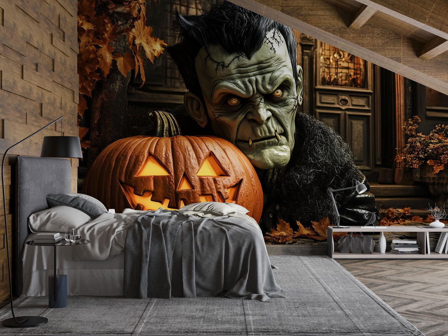 Frankenstein & Pumpkin Wall Mural – Creepy Halloween Home Decor Vn807