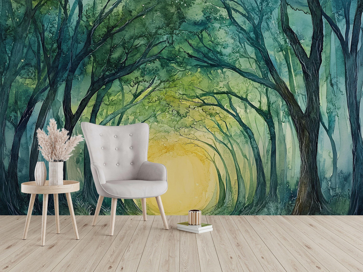 Forest Tunnel Mural – Enchanted Green Trees Wall Art with Golden Sunlight Path Vn762