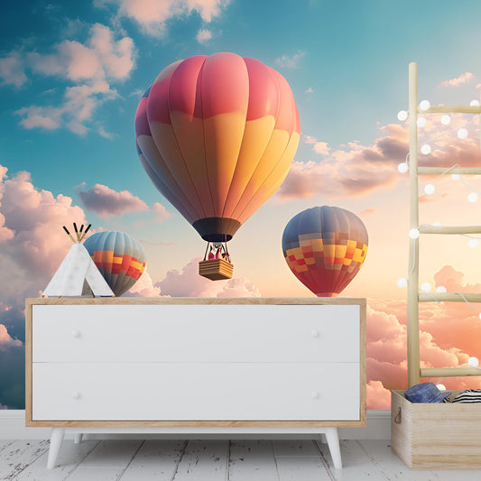 Hot Air Balloon Wall Mural for Kids Room – Dreamy Sky Nursery Wallpaper – Whimsical Cloud Backdrop – Baby Room Wall Decor Vn258