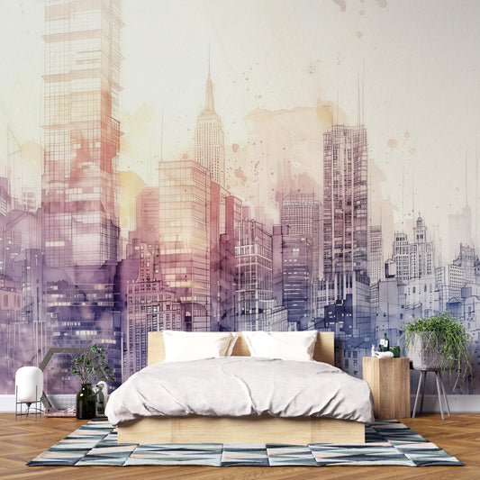 Watercolor Cityscape Wall Mural – Abstract Skyline Wallpaper, Modern Urban Accent Wall Decor for Bedroom or Living Room Vn1070