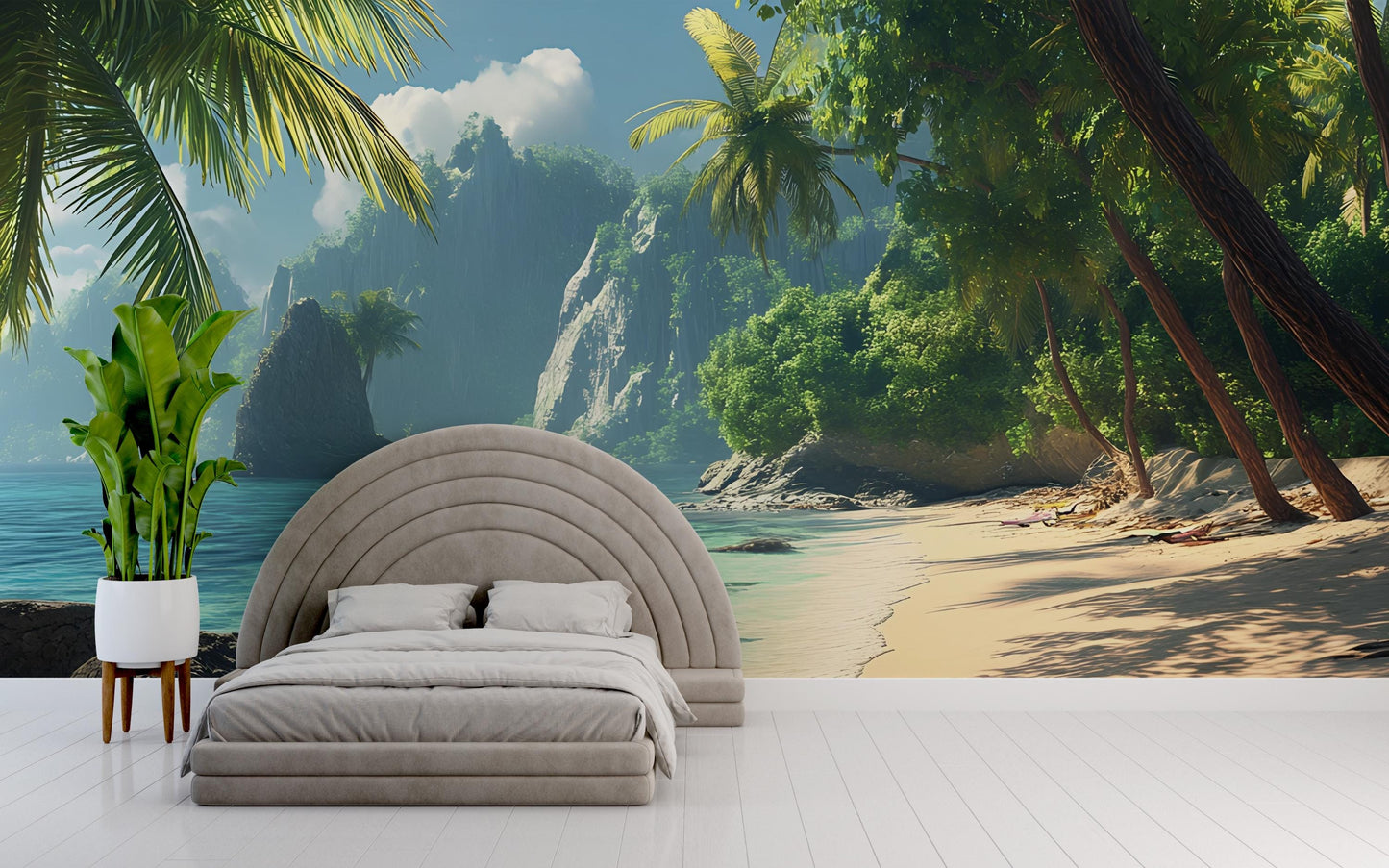 Tropical Beach Wall Mural – Ocean View Wallpaper for Bedroom – Coastal Paradise Accent Wall Art Vn286