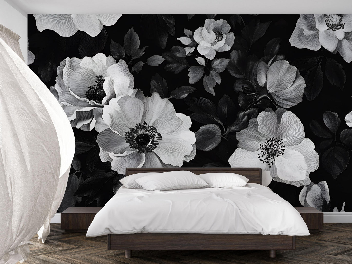 Black and White Floral Wall Mural, Oversized Peony Wallpaper for Bedroom Vn641