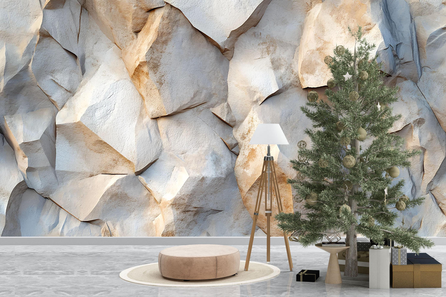 Rock Texture Wall Mural with Minimal Christmas Tree & Gifts – Modern Winter Holiday Decor Vn739