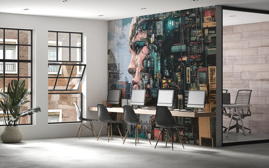 Cyberpunk Office Wall Mural – Futuristic Tech Face Art for Workspace Vn196