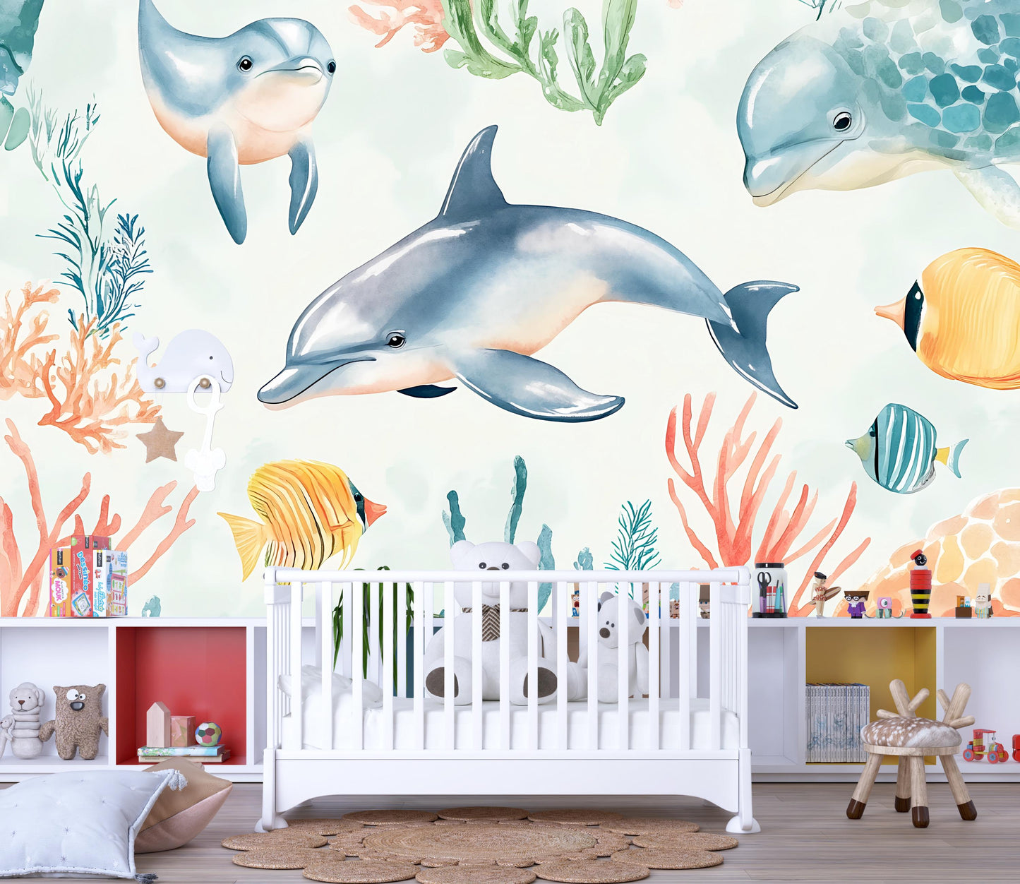 Dolphin Wall Mural – Underwater Ocean Wallpaper for Kids Room & Nursery Vn984