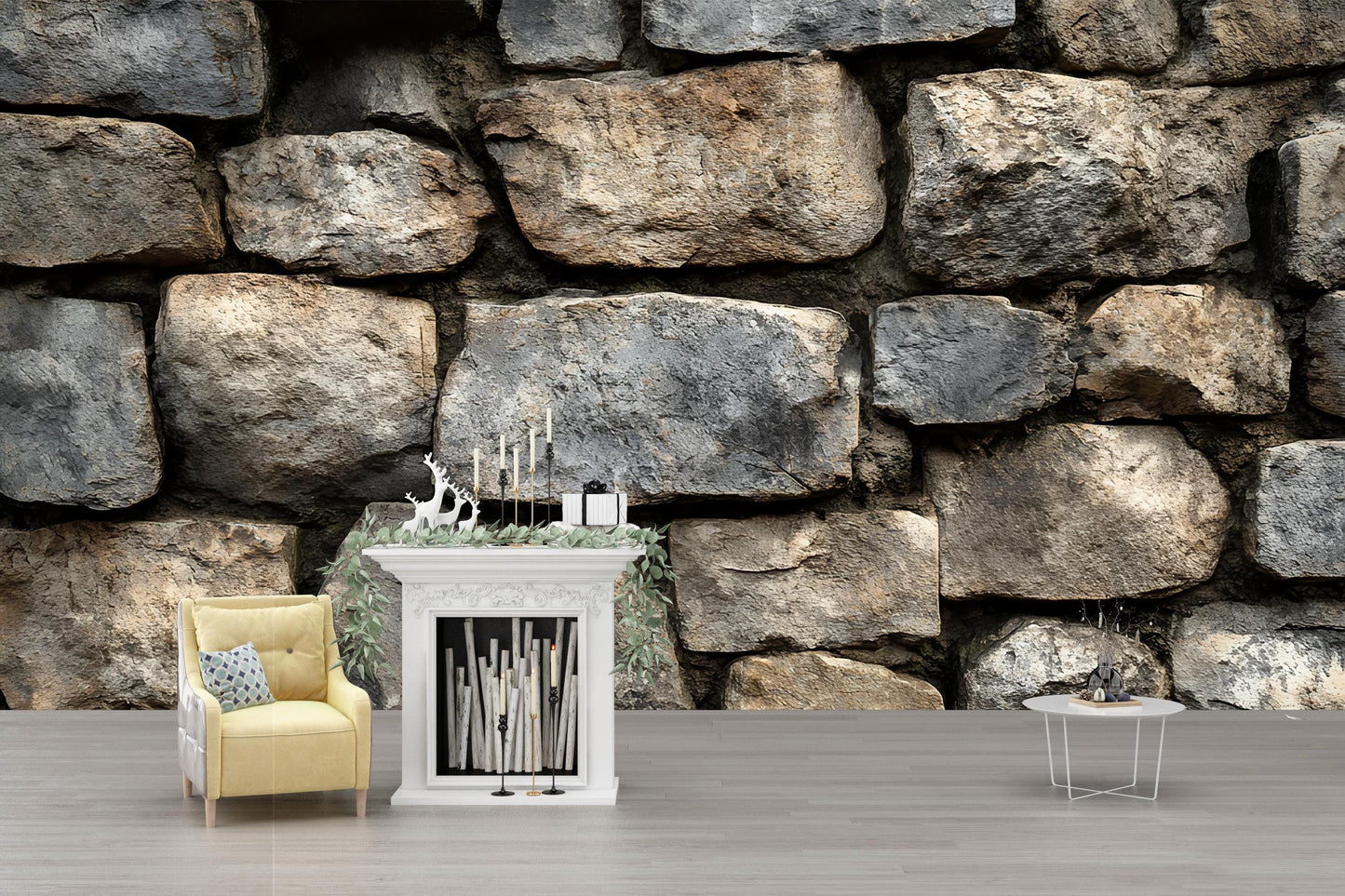 Rustic Stone Wall Backdrop, Cozy Armchair & Table Scene, Modern Farmhouse Decor, Scandinavian Interior Photo, Digital Download Vn587