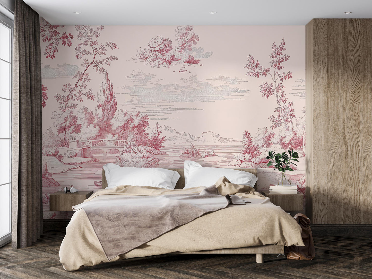 Pink Toile Wall Mural | French Vintage Landscape Wallpaper Vn1037