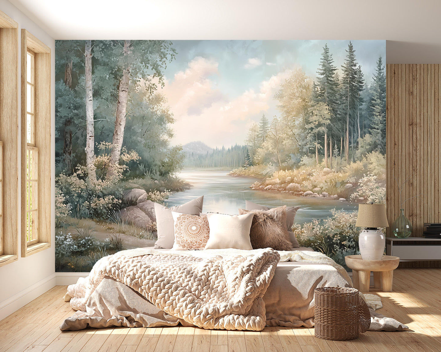 Forest River Wall Mural – Nature Landscape Wallpaper for Living Room & Bedroom Vn974