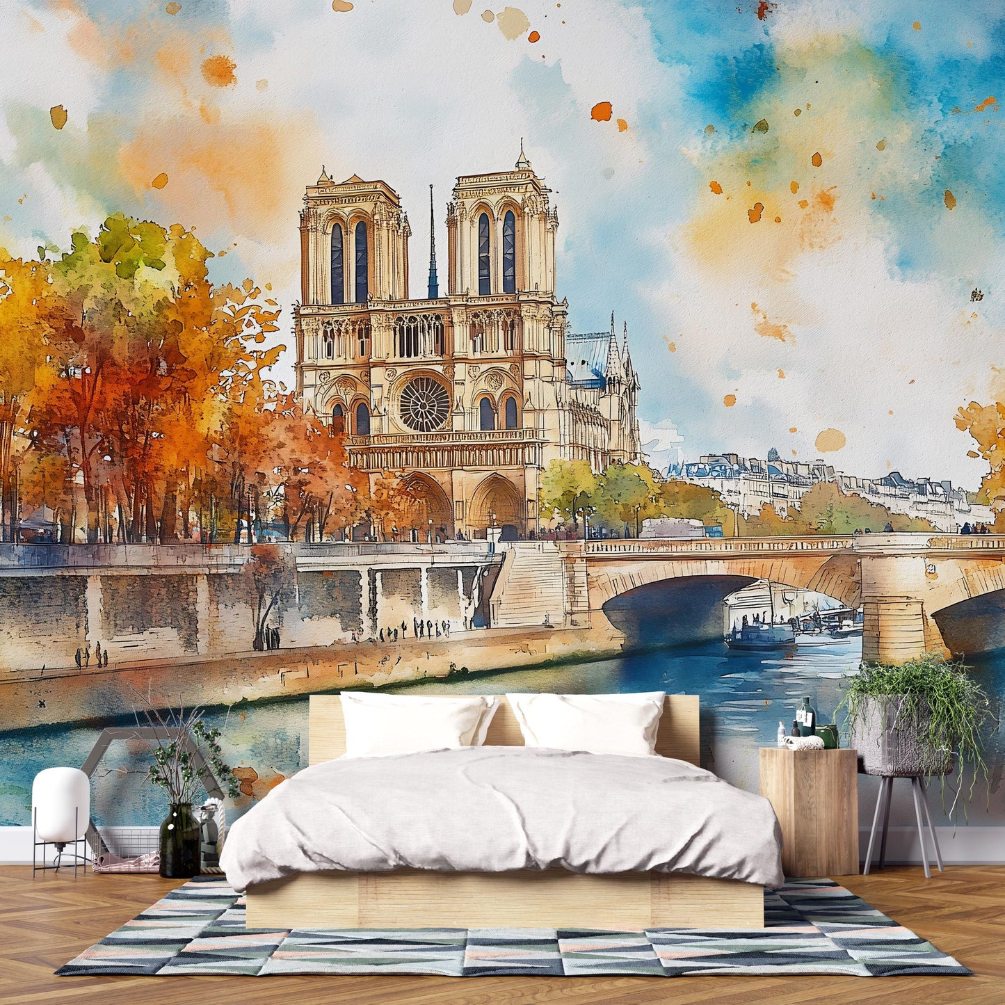 Notre Dame Paris Wall Mural – Watercolor Cathedral Wallpaper Vn932