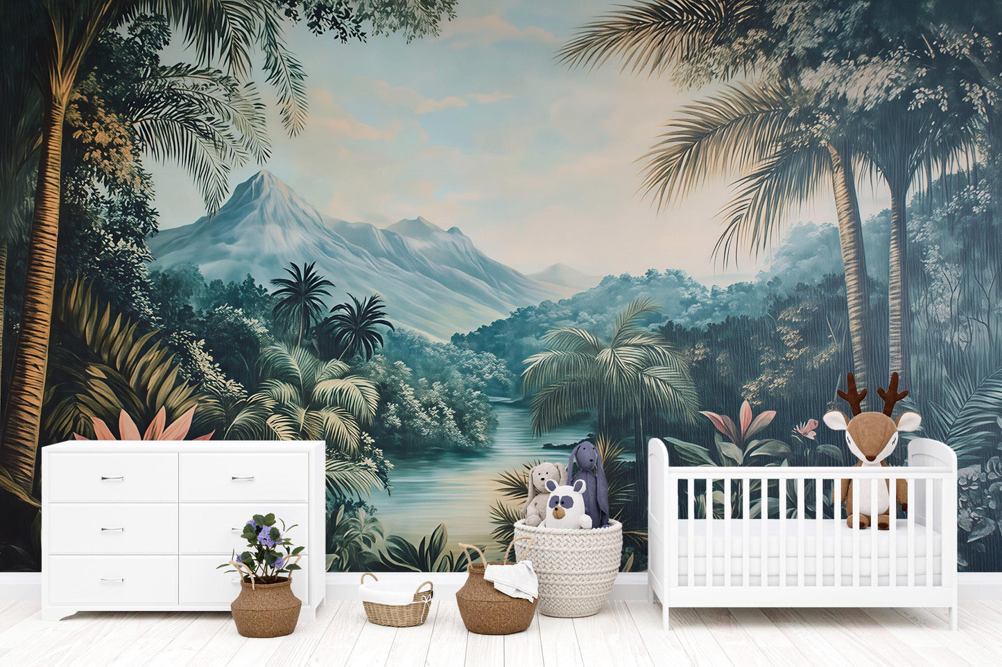 Tropical Jungle River Wall Mural – Kids Room Safari Adventure Wallpaper Vn832