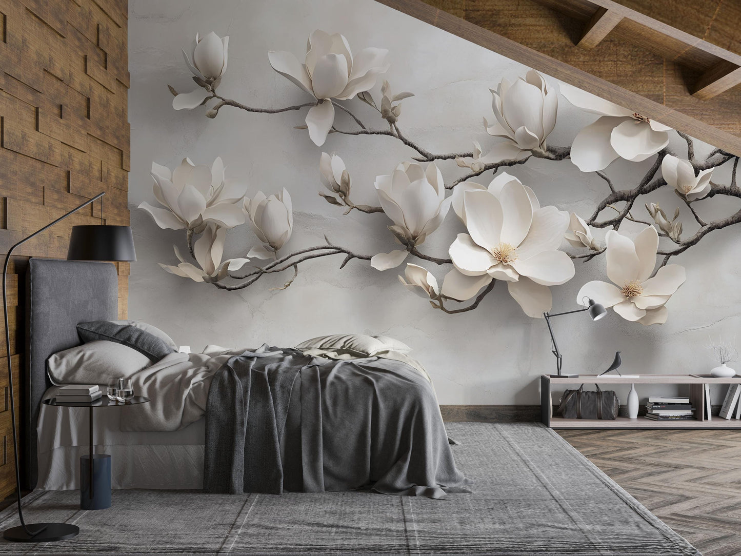 White Magnolia Flower Mural – 3D Effect Botanical Wall Art for Bedroom or Living Room Vn767