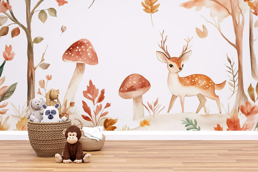 Woodland Deer Wall Mural - Nursery Forest Wallpaper - Cute Animal Kids Room Decor - Autumn Nature Scene Vn500