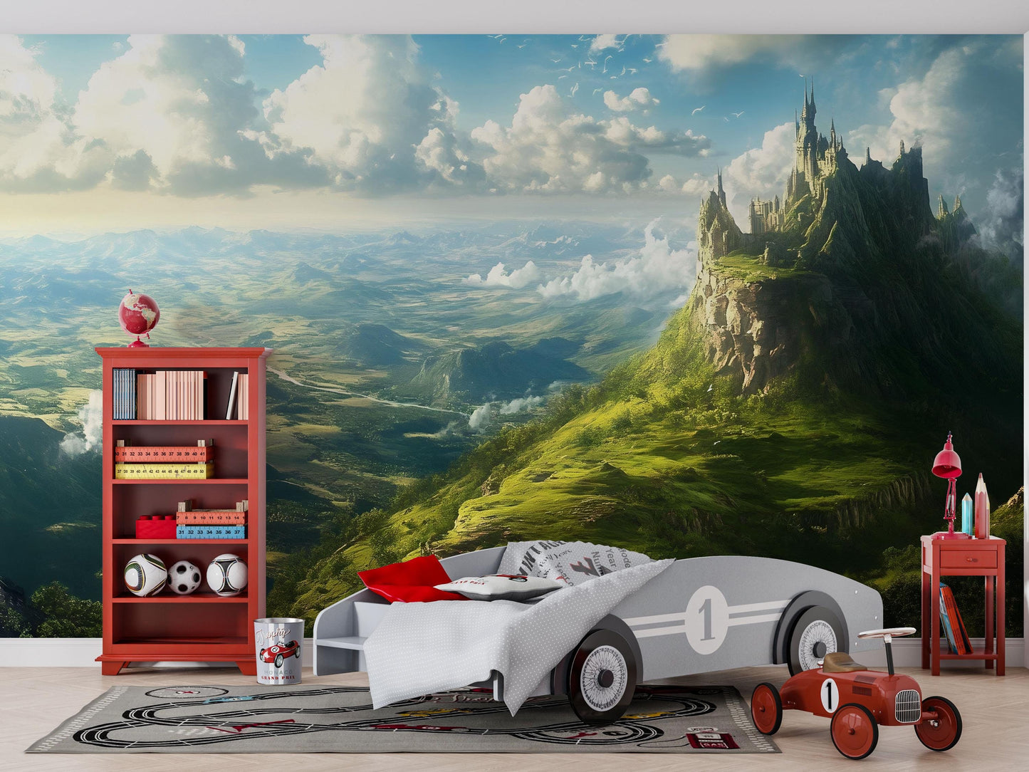 Fantasy Castle Wall Mural – Enchanted Kingdom Wallpaper, Magical Landscape Accent Wall for Kids Room or Bedroom Vn866