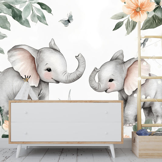 Baby Elephant Nursery Wall Mural - Jungle Safari Animal Wallpaper - Cute Kids Room Decor Vn276