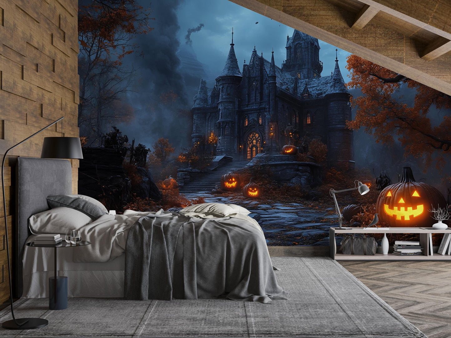 Haunted Castle & Jack-O’-Lantern Path Wall Mural – Gothic Halloween Décor Vn802