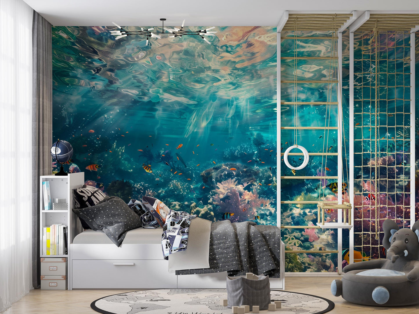 Underwater Ocean Wall Mural – Coral Reef & Fish Wallpaper, Kids Room Sea Life Accent Wall Decor for Bedroom or Playroom Vn1065