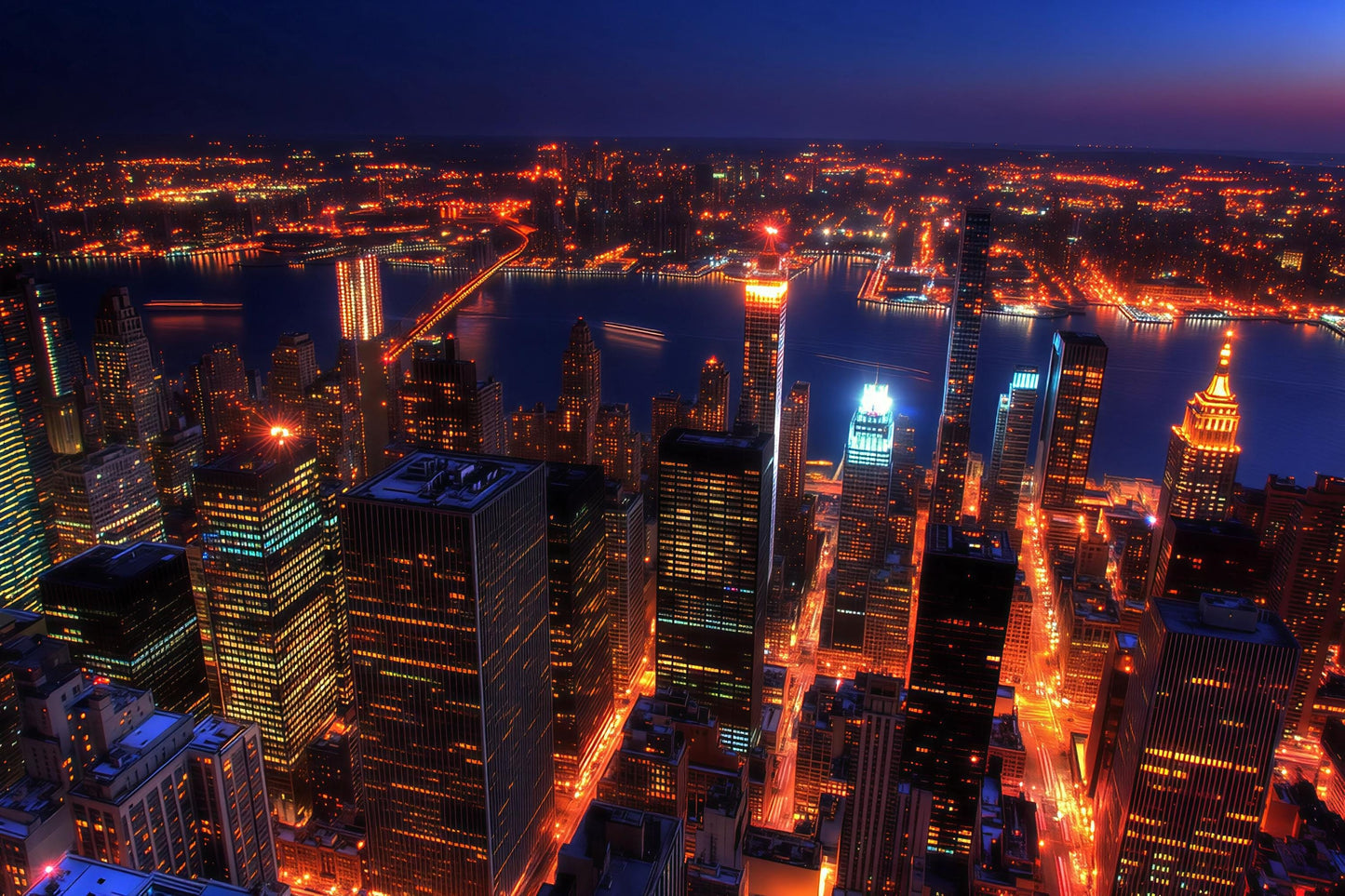 NYC Aerial Night Skyline Wall Mural – New York City Lights Wallpaper for Bedroom Vn896