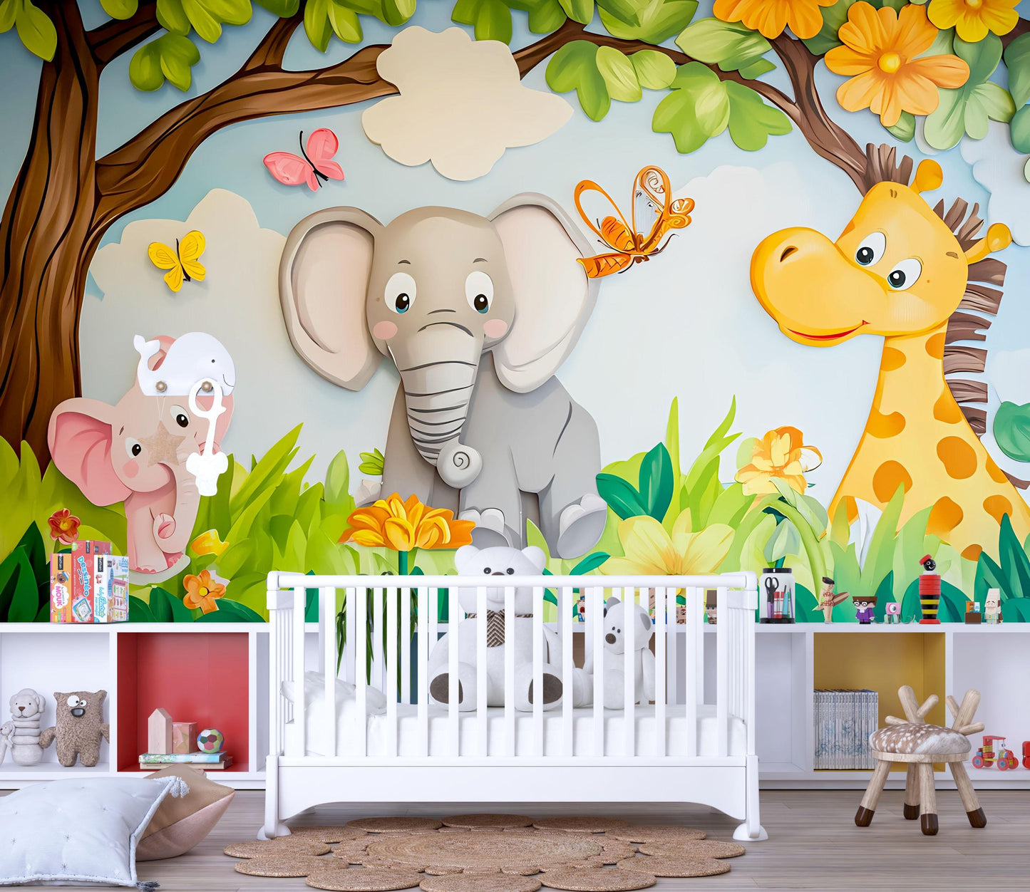 Jungle Safari Animal Wall Mural for Kids Room – Elephant Giraffe Cartoon Nursery Decor Vn616