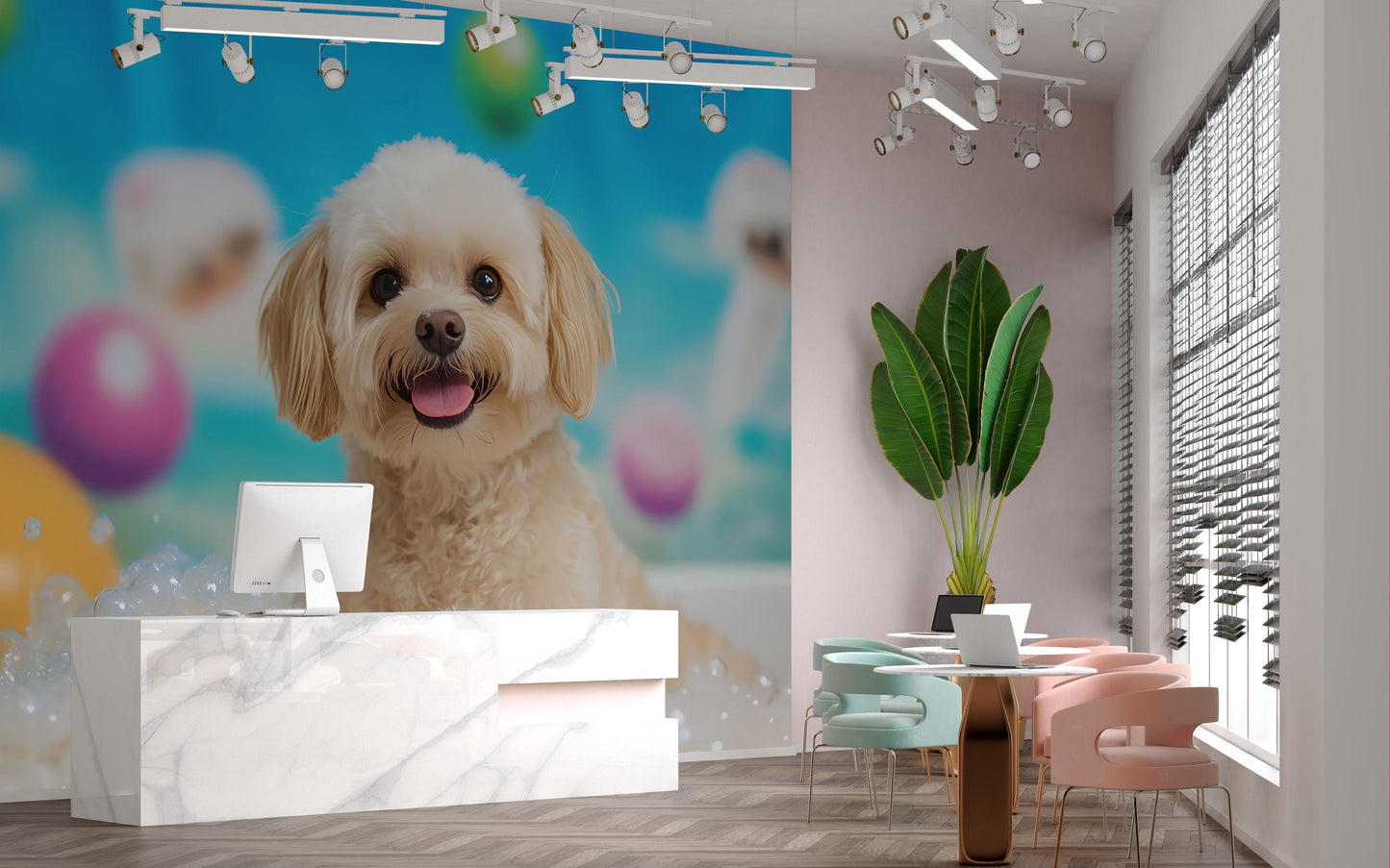 Cute Dog Bubble Bath Wall Mural – Whimsical Pet-Themed Wallpaper for Kids Room or Pet Salon Decor Vn670