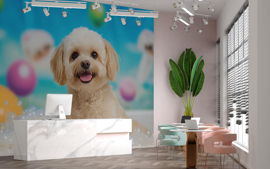 Cute Dog Bubble Bath Wall Mural – Whimsical Pet-Themed Wallpaper for Kids Room or Pet Salon Decor Vn670
