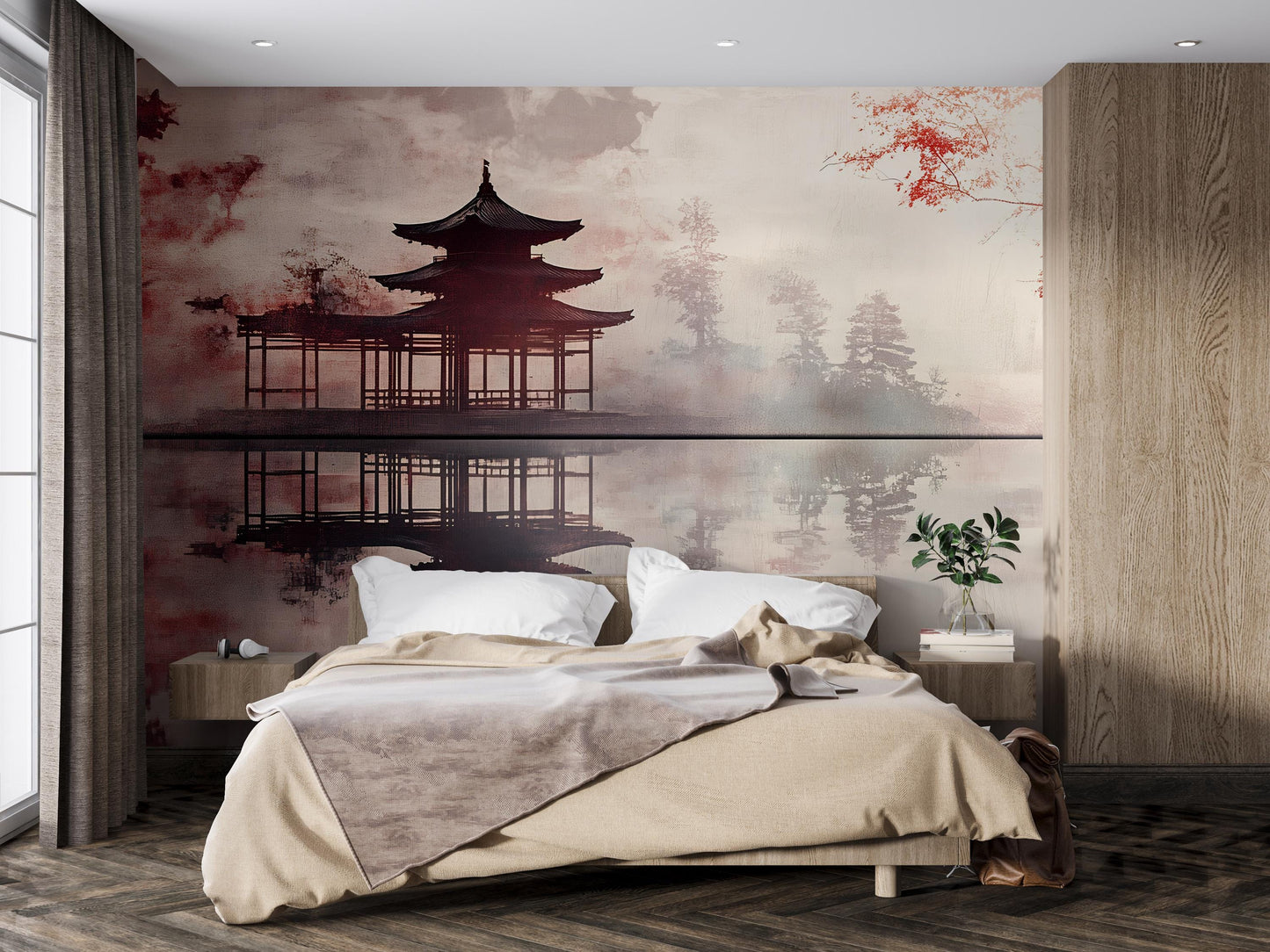 Zen Pagoda Wall Mural – Tranquil Asian Landscape Art for Bedroom, Serene Japanese Temple Decor, Removable Wallpaper Mural Vn490
