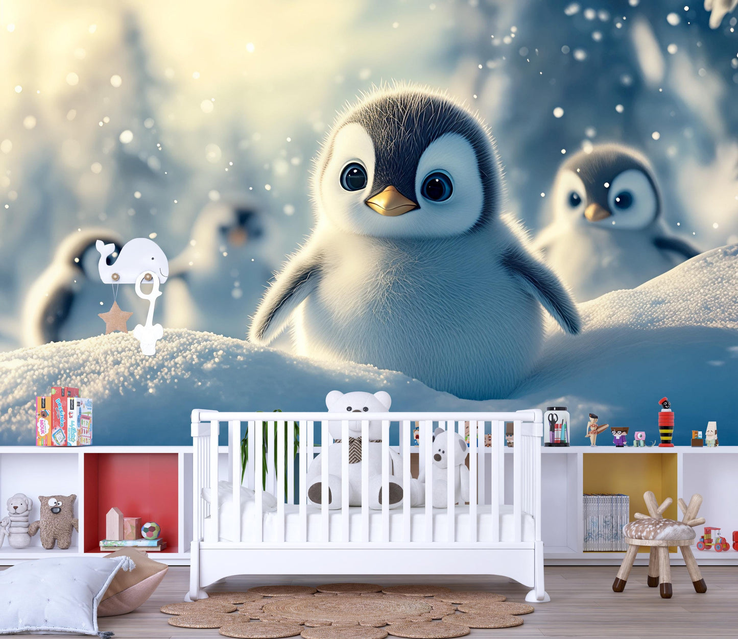 Penguin Nursery Wall Mural – Cute Winter Baby Animal Wallpaper for Kids Room Vn528