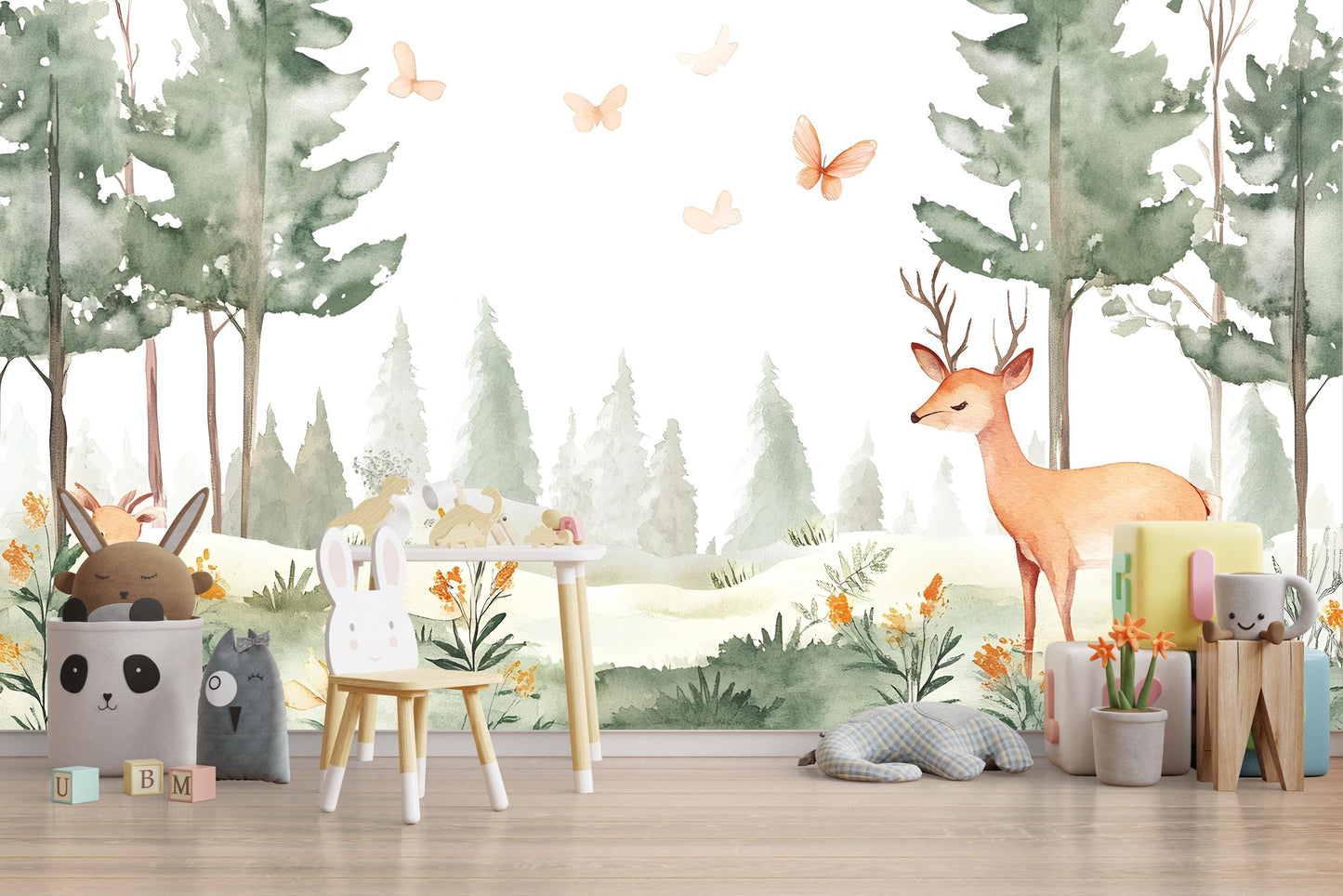 Woodland Forest Deer Wall Mural for Nursery – Cute Animal Wallpaper, Removable Peel and Stick Wall Decal Vn564
