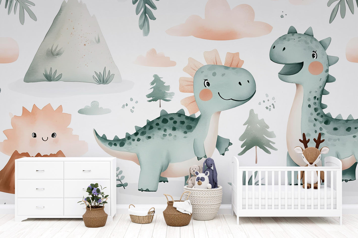 Happy Dinosaur Wall Mural – Cute Cartoon Dino Wallpaper for Nursery & Kids Room Vn977