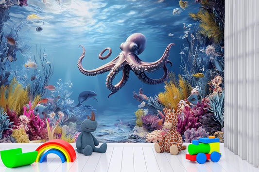 Underwater Ocean Wall Mural for Kids Room – Octopus & Sea Life Scene – Colorful Sea Nursery Wallpaper Vn010