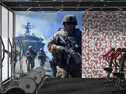 Military Gym Wall Mural - Soldier & Warship Design for Home or Commercial Fitness Center Decor Vn106